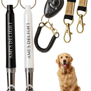 Ami's Delight Dog Whistle Set of 5 | 2PCS Premium Quality Adjustable Dog Whistles with 2 Black Lanyards and a Dog Clicker | Ultrasonic Dog Whistle to Stop Barking Neighbors Dog-0