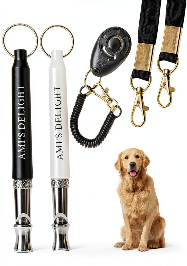 Ami's Delight Dog Whistle Set of 5 | 2PCS Premium Quality Adjustable Dog Whistles with 2 Black Lanyards and a Dog Clicker | Ultrasonic Dog Whistle to Stop Barking Neighbors Dog-0