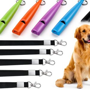 Weewooday 5 Pieces High Pitch Plastic Dog Whistles for Recall Training, Dog Training Whistle with Lanyards and Key Rings (Black, Orange, Blue, Purple, Green)-0