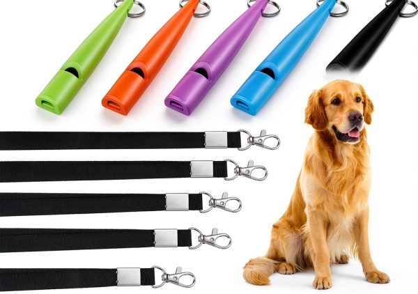 Weewooday 5 Pieces High Pitch Plastic Dog Whistles for Recall Training, Dog Training Whistle with Lanyards and Key Rings (Black, Orange, Blue, Purple, Green)-0